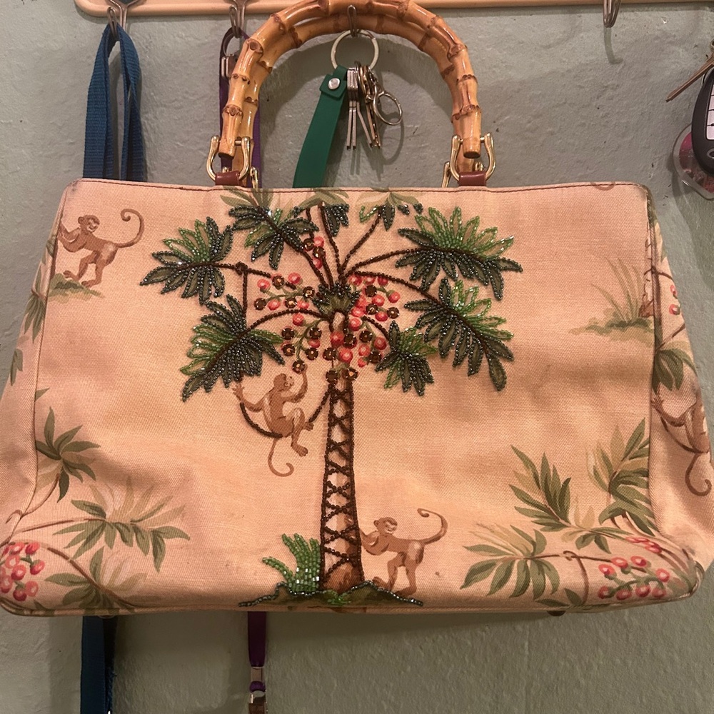 Isabella Fiore Vintage Monkey Beaded/Canvas/Leather Tote Bamboo Handles - Picture 2 of 8